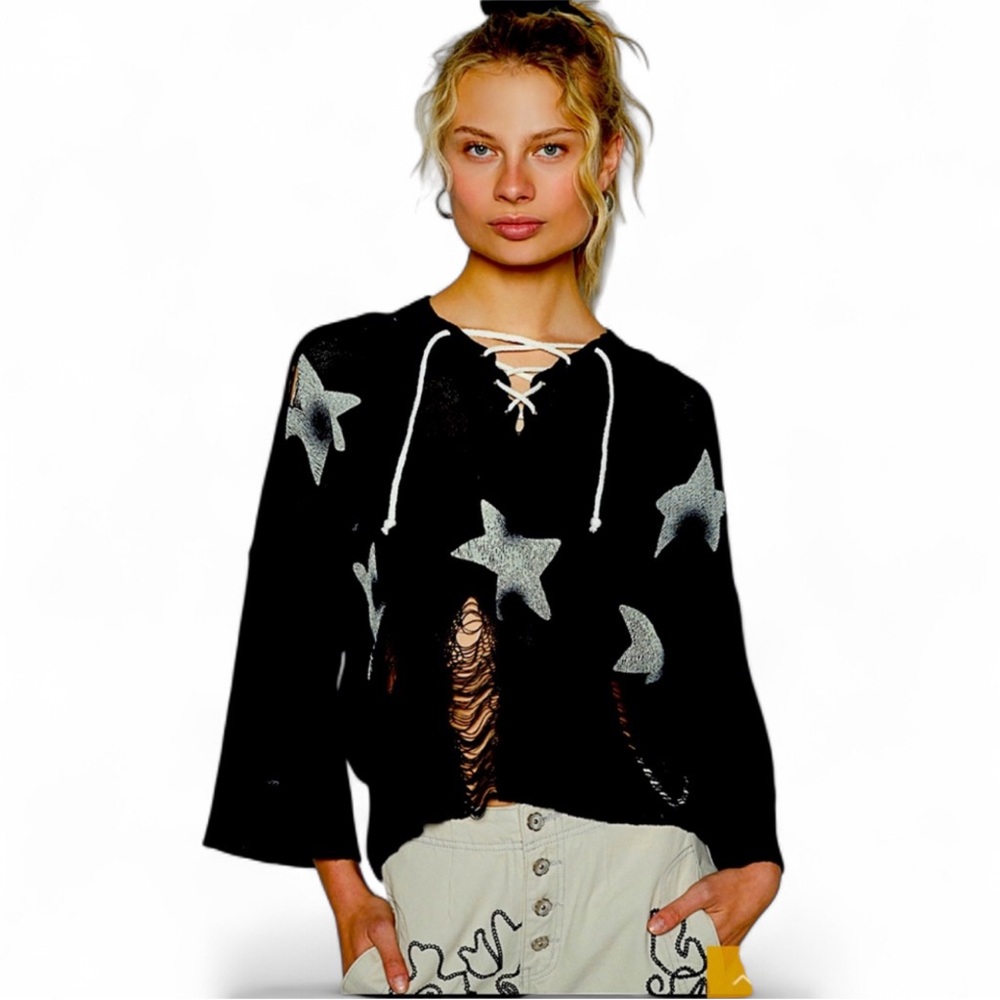 POL EUC 24”PTP Distressed Star Print Sweater with Hoodie